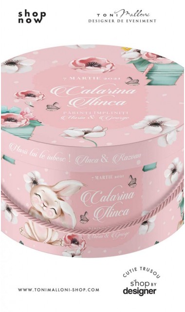 Cutie trusou rotunda botez roz cu iepurasi flori si motive de primavara Spring  4